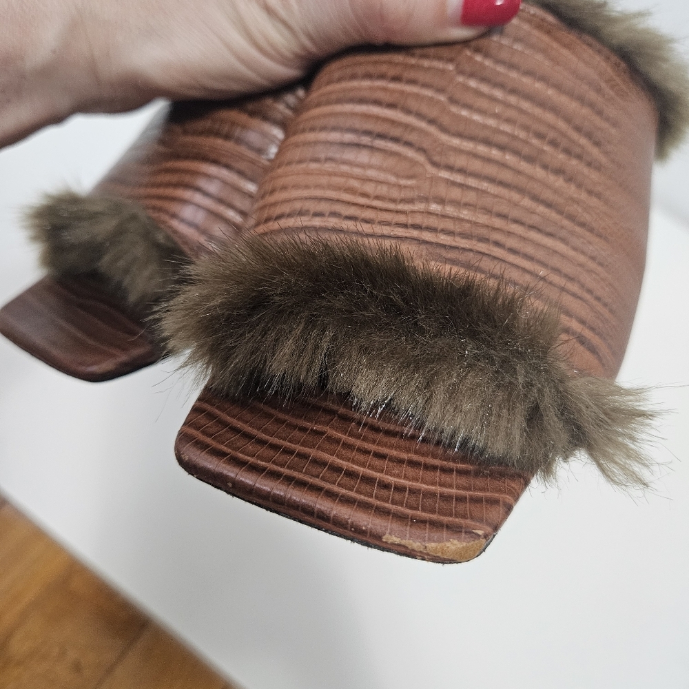 Suzanne Rae Faux Lizard With Faux Mink Lining Mules Slides 7.5 Brown Block Heel - Picture 11 of 11